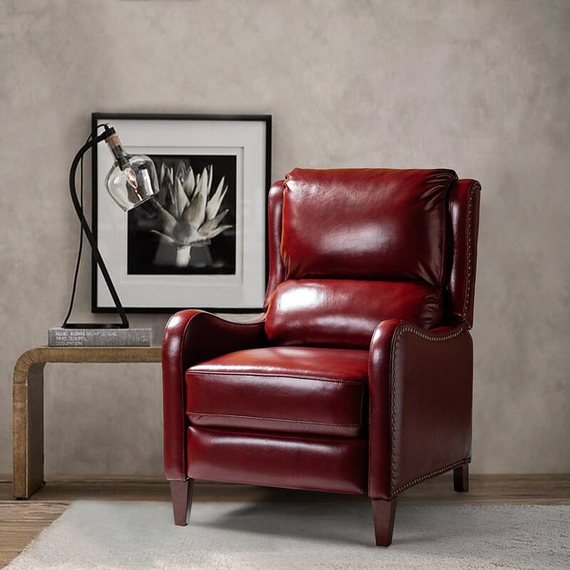 Brigida Cigar Genuine Leather Pushback Recliner with Nailhead Trim by HULALA HOME - BURGUNDY