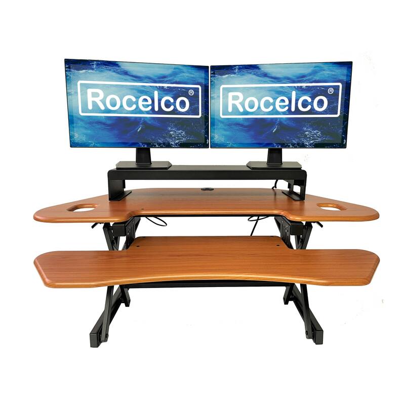 Rocelco 46 in. W Beige Height Adjustable Corner Standing Desk Converter with Dual Monitor Stand and Extra Keyboard Tray