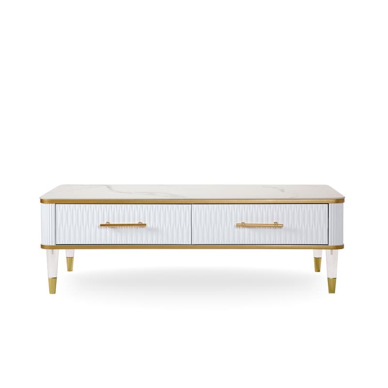HomeRoots 47 inch White Gold and Faux Stone Rectangular Coffee Table With Drawer - 47.2 x 23.6 x 15