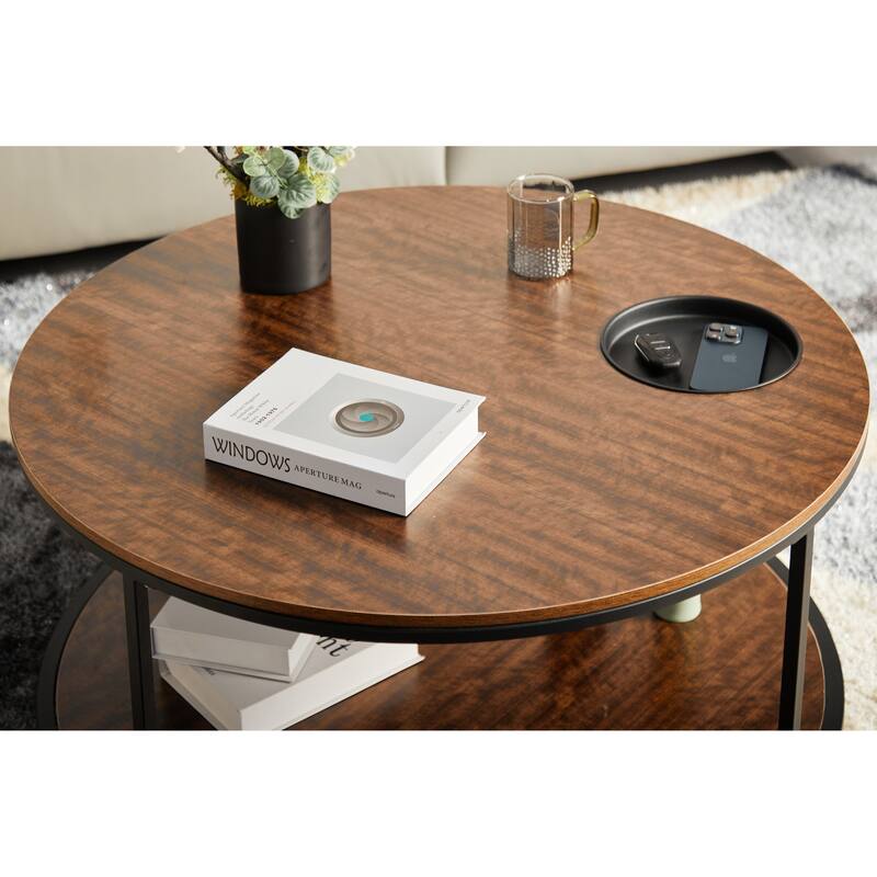 Round Coffee Table with Storage Tray and Lower Shelf Two Tier Modern Design