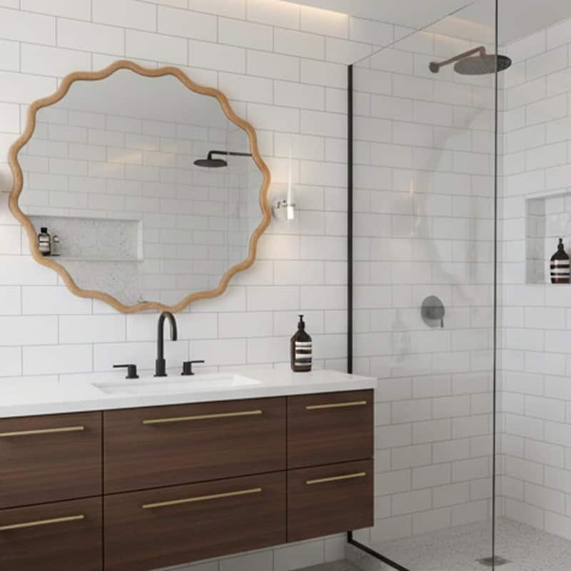 24 inch Wavy Round Solid Wood Frame Decorative Mirror,For Bedroom, Bathroom, Living Room, Entryway