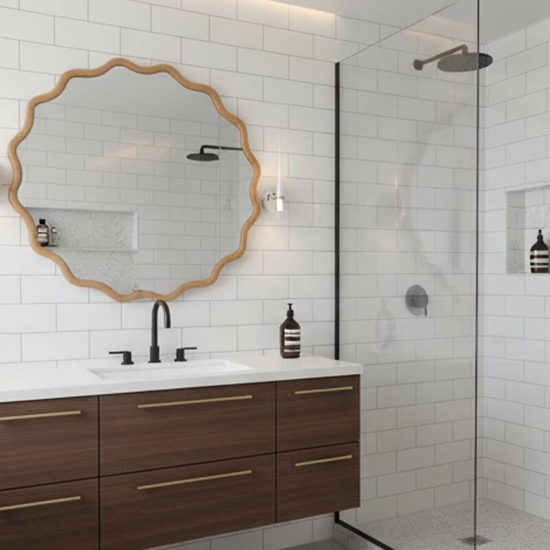 24 inch Wavy Round Solid Wood Frame Decorative Mirror