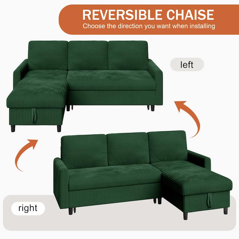 Futzca 3-in-1 Convertible Corduroy Sofa Bed with Storage, L-Shaped Sectional Couch