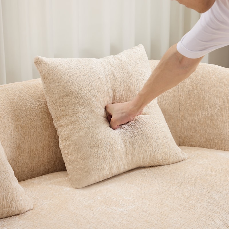 Beige Curved Loveseat Sofa With Round Armrest, Compression Couch With 2 Pillows, Cream Couch For Small Space