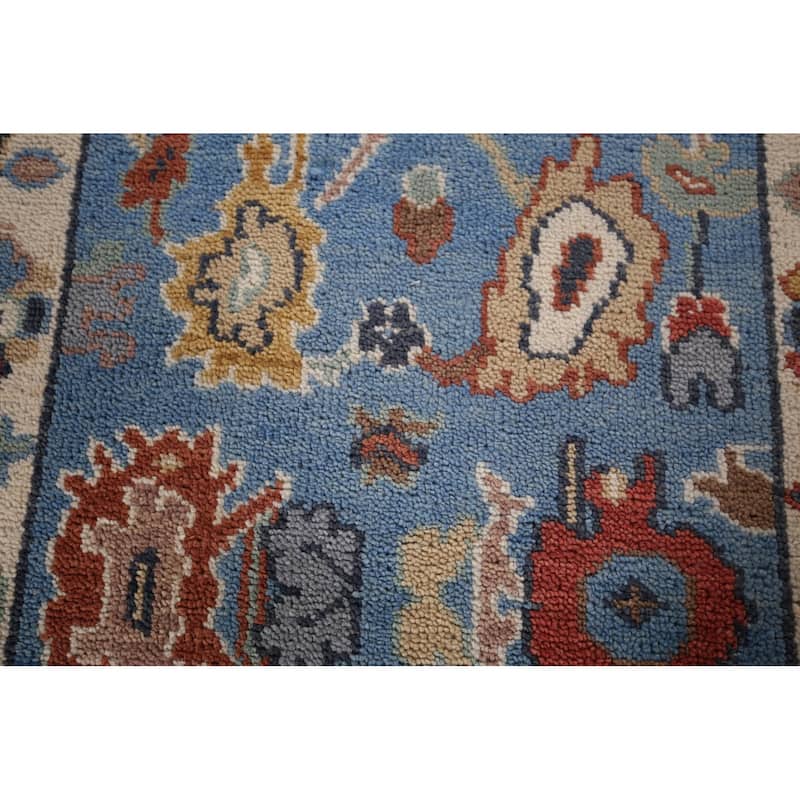 Light Blue Oushak Oriental Runner Rug Hand-Knotted Wool Carpet - 2'5"x 13'9"