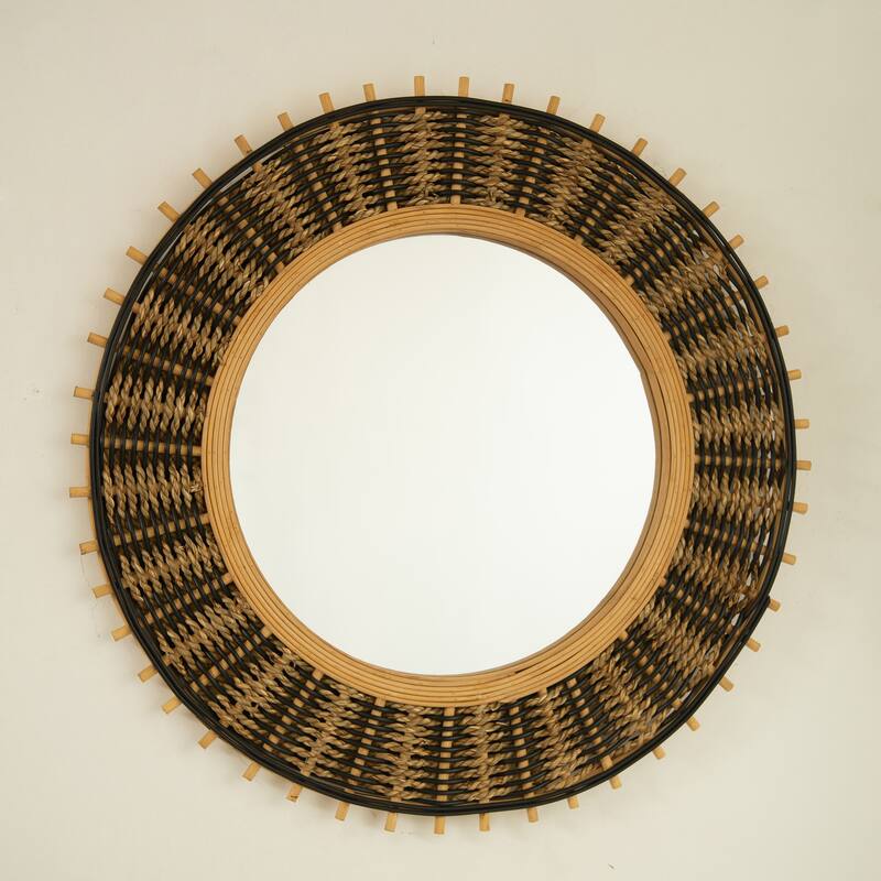 Echo Bamboo Round Art Wall Mirror - Light Yellow & Black Hemp Ropes, Bathroom, Bedroom - Silver,Yellow+Black