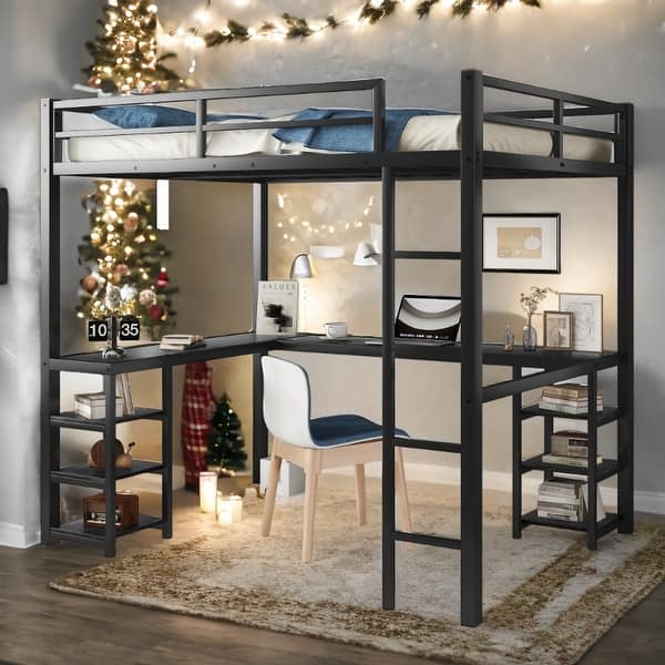 slide 2 of 14, Full Metal Loft Bed with Desk and Shelves Black