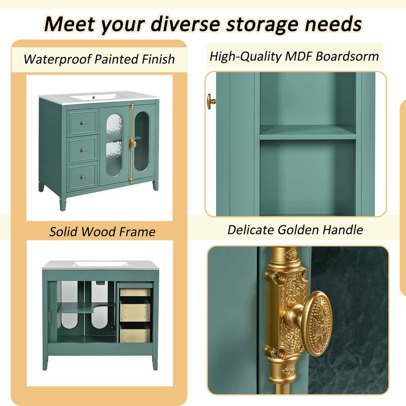 36" Single Sink Bathroom Vanity, Translucent Patterned Glass Doors Bathroom Storage Cabinet with 3 Drawers
