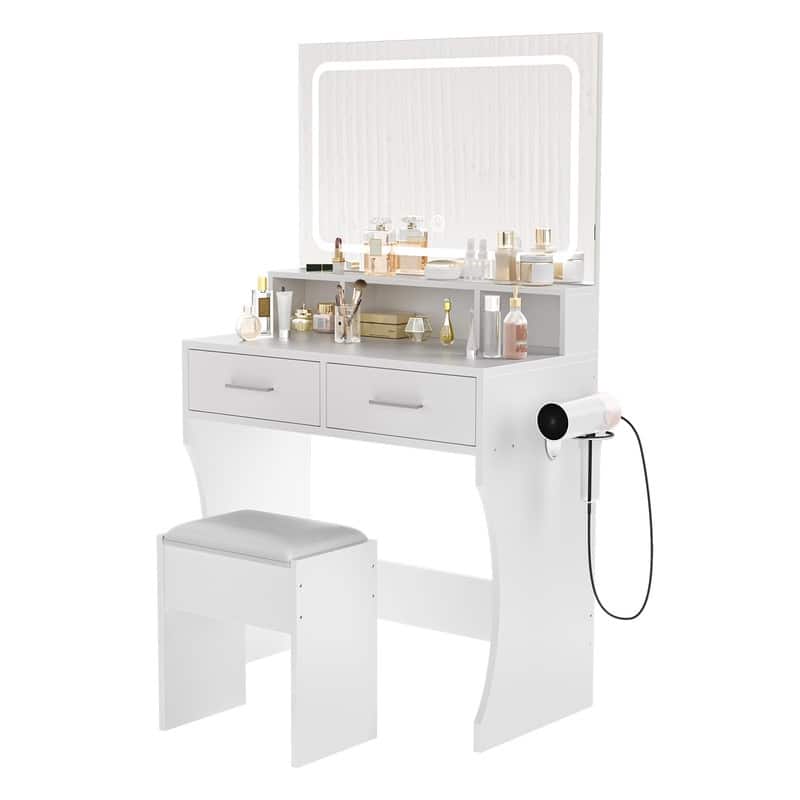 Makeup Table Set with 2 Drawers, Open Shelves, Charging Station & Stool