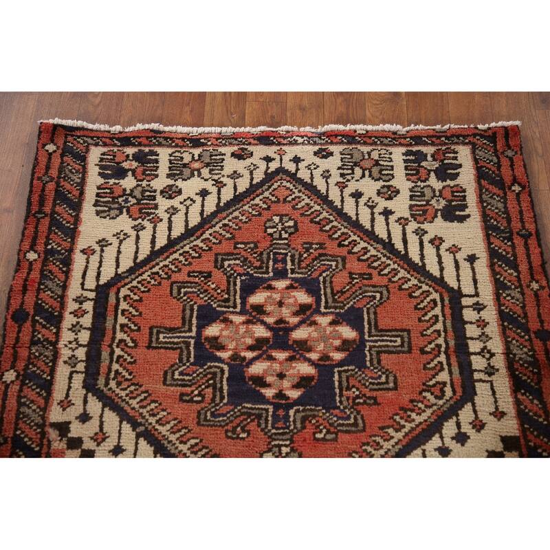 Geometric Bakhtiari Persian Vintage Runner Rug Handmade Wool Carpet - 3'1"x 9'1"