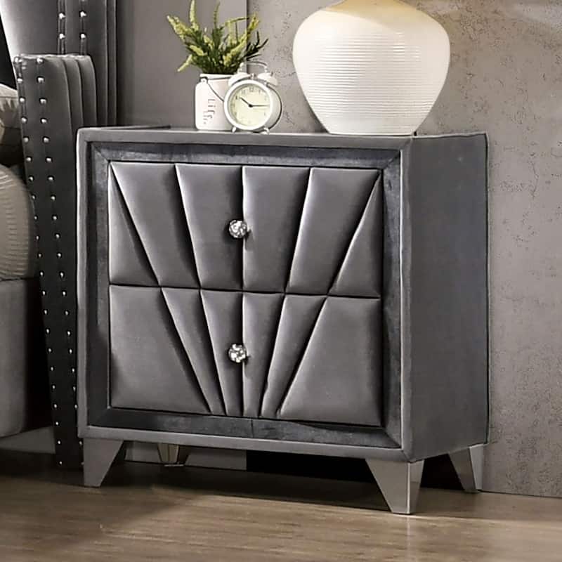 Fabric Upholstered Nightstand with Chrome Legs, Decorative Table with Glass Top, Sofa Side Table with 2 Drawers - Gray