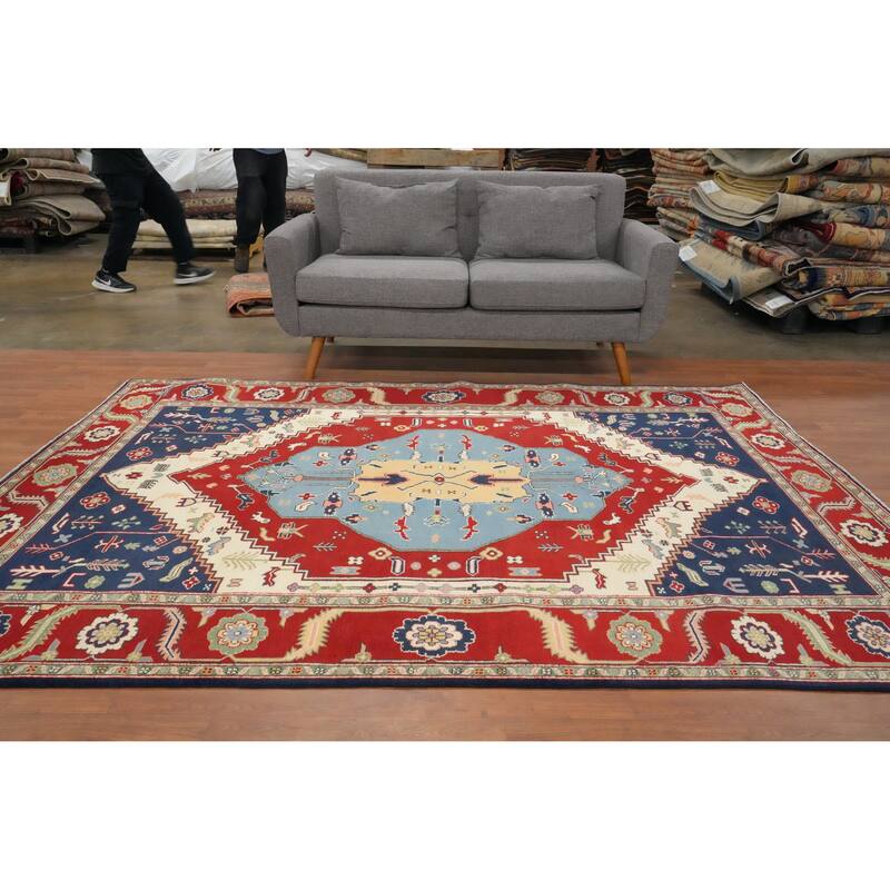 Hand Knotted Oriental 100% Wool Carpet Traditional Medallion Navy Blue & Blues Heriz Area Rug - 8' 8'' X 6' 3''
