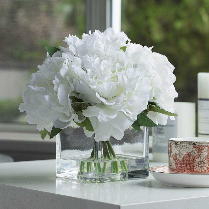 Enova Home 7 Heads Artificial Peony Silk Flowers Arrangement in Clear Cube Glass Vase with Faux Water for Home Decór - Cream White