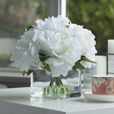 Enova Home 7 Heads Artificial Peony Silk Flowers Arrangement in Clear Cube Glass Vase with Faux Water for Home Decór