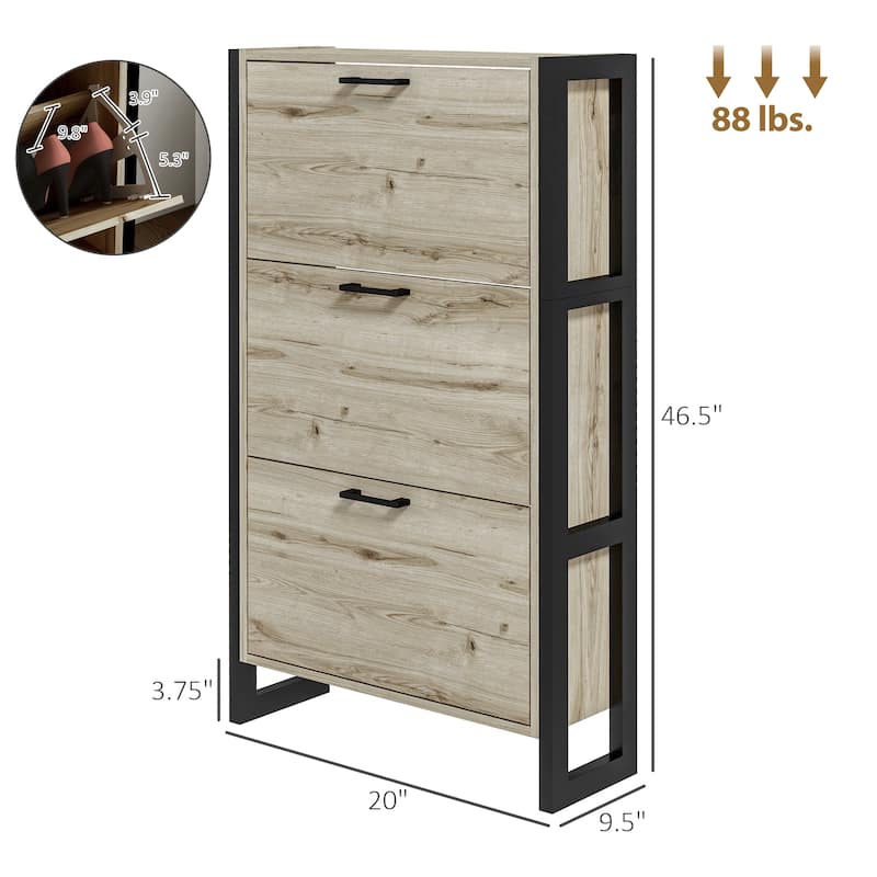 Walnut and Black Shoe Cabinet with 3 Flip Down Drawers Adjustable Shelves Anti Tipping Space Saving Storage Organizer