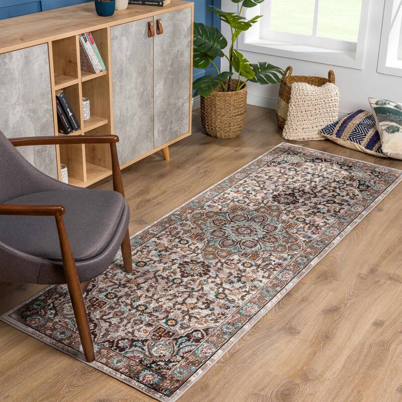 Hauteloom Mardin Oriental Persian Traditional Area Rug - 2'7" x 7'3" - Off White, Light Blue, Mustard, Brown, Pink