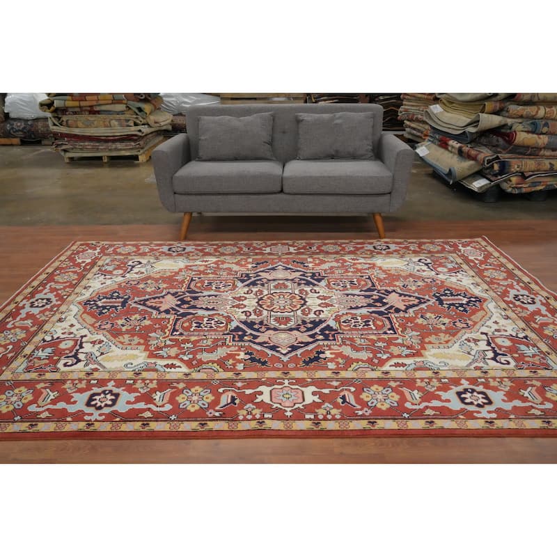 Hand Knotted Oriental 100% Wool Carpet Traditional Medallion Oranges & Rust Heriz (serapi) Area Rug - 9' 1'' X 6' 2''