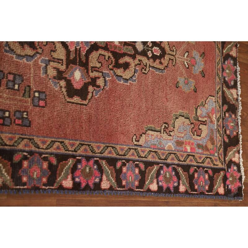 Pink Geometric Tabriz Persian Vintage Runner Rug Handmade Wool Carpet - 3'4"x 12'10"