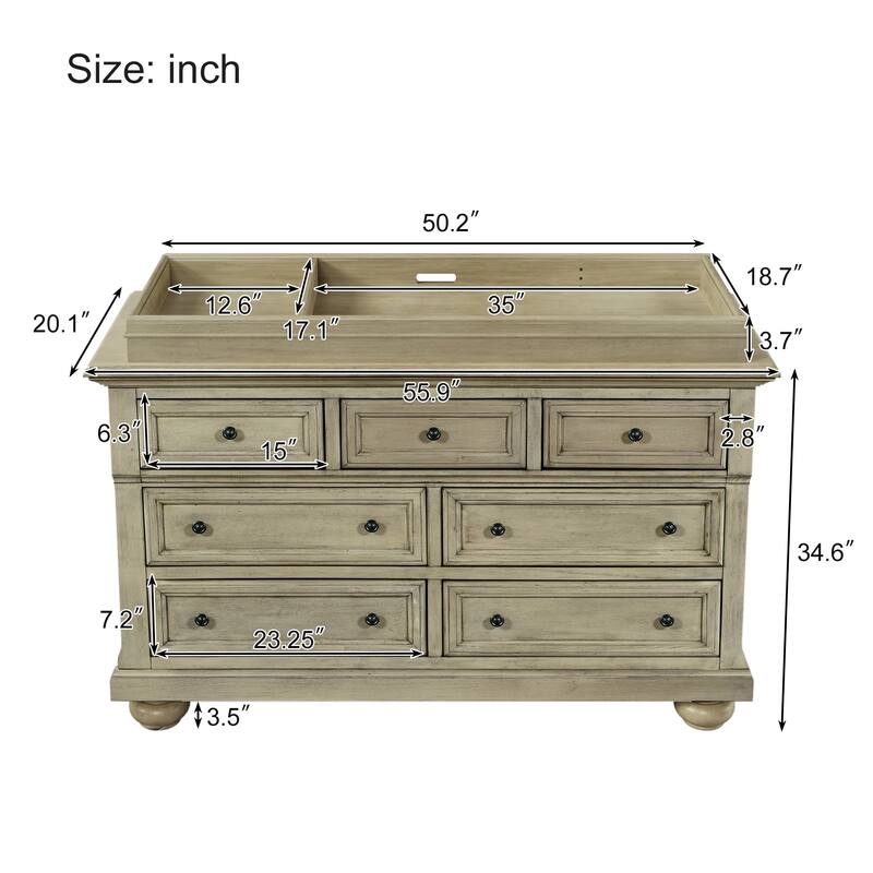 Solid Wood 7-Drawer Dresser with Changing Topper for Nursery