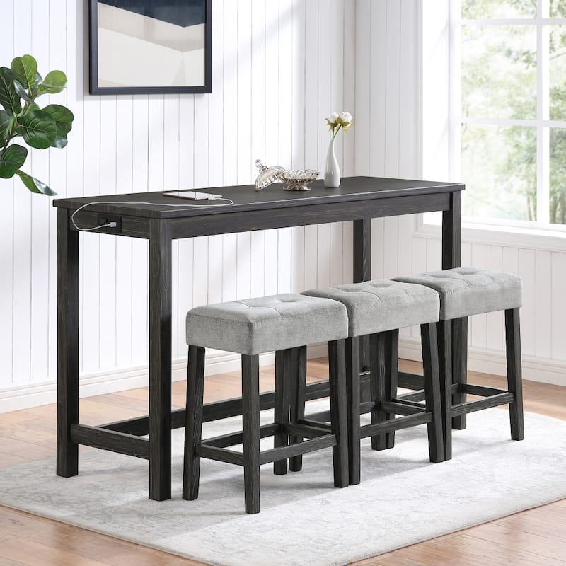 Durable 4-piece Wooden Bar Table and Chairs Set with Power Outlet