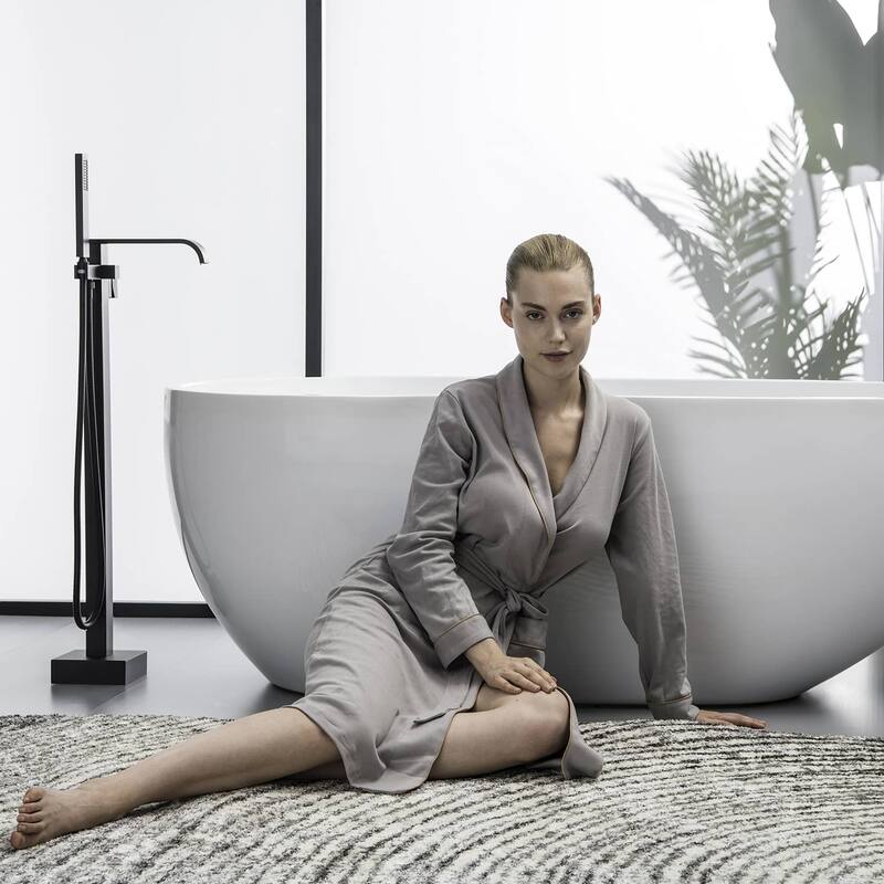 Floor Mount Waterfall Bathtub Faucet With Hand Shower, Single Handle Freestanding Bathroom Tub Filler Trim With Handheld