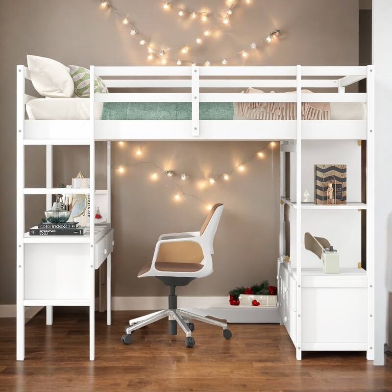 Full Size Loft Bed with Built-in Desk, Storage Bed with Shelves and Drawers, Pine Wood Bed with Full-Length Guardrail, White