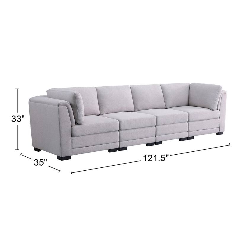Linen Fabric Upholstered 4-Seater Modular Sofa in Light Gray and Black