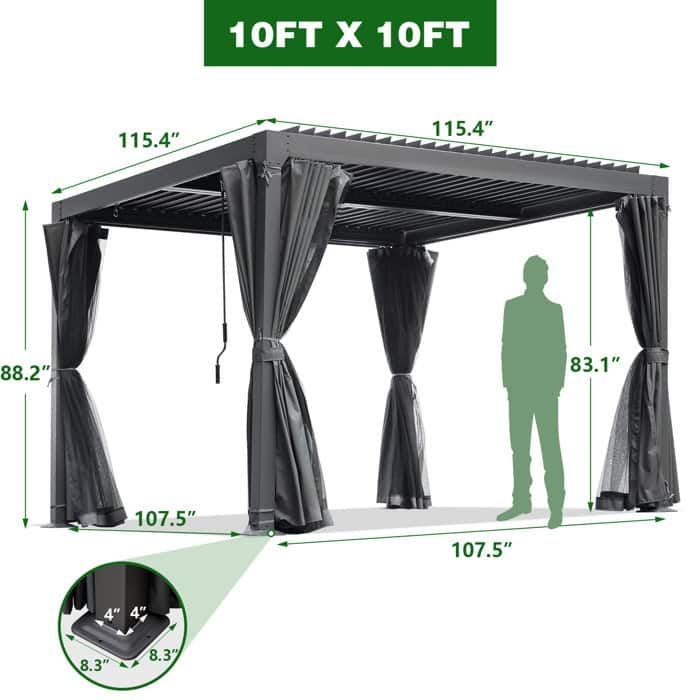 Outdoor Louvered Pergola, Outdoor Patio Hardtop Gazebo, Adjustable Metal Roof Curtains and Netting Included