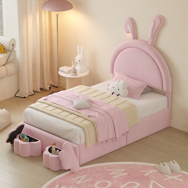 slide 2 of 20, Twin Size Upholstered Rabbit-Shape Headboard Platform Bed with 2 Storage Stools Pink