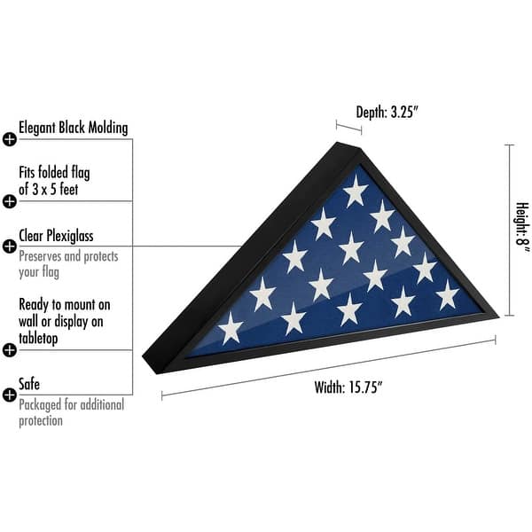 dimension image slide 4 of 5, Americanflat Veteran's Flag Case Display Frame - Small & Large Fit Folded Flags Sized 3'x5' Or 5'x9.5'- Black & Mahogany Finish