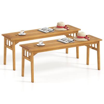 Gymax 2 PCS Acacia Wood Outdoor Bench 48'' Long Backless Wooden Picnic
