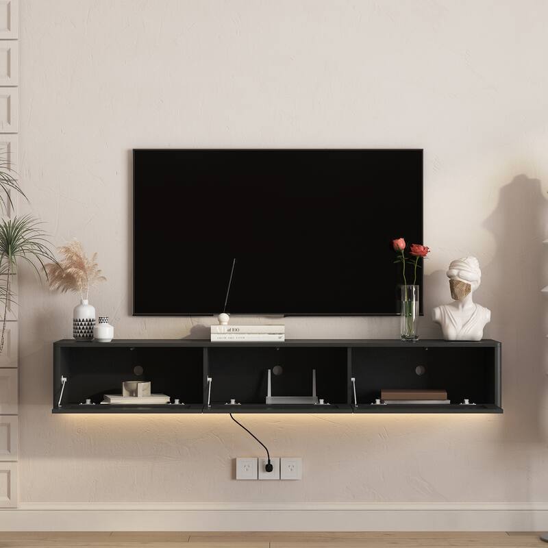 Floating TV Stand, Wall Mounted TV Shelf with Led Lights & Power Outlet,High Gloss TV Cabinet for TV Stands for Living Room