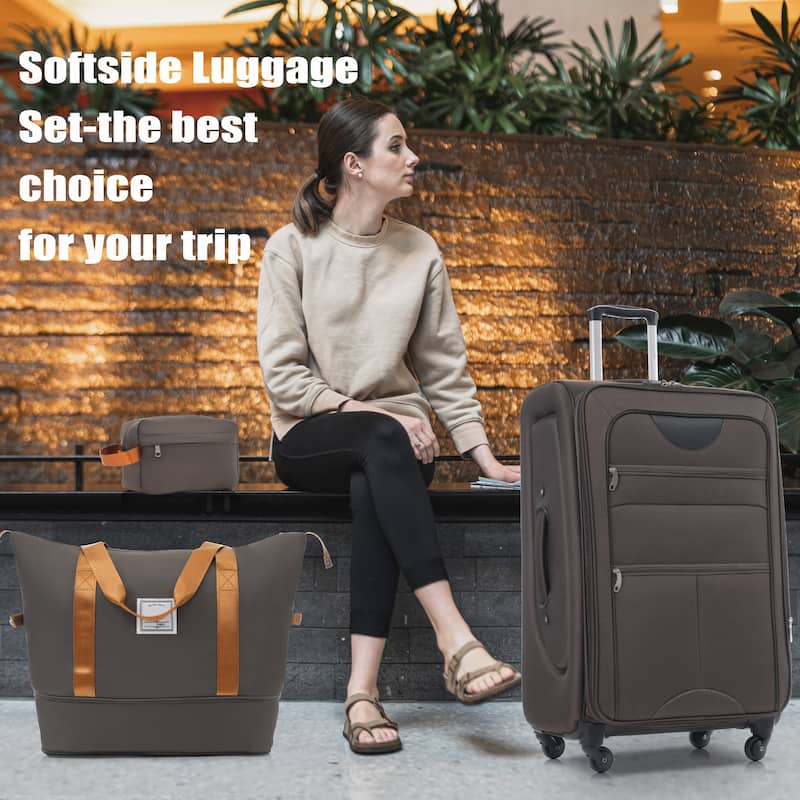 3 Piece ABS Softside Expandable Upright Spinner Luggage with TSA Lock and Duffel Bag