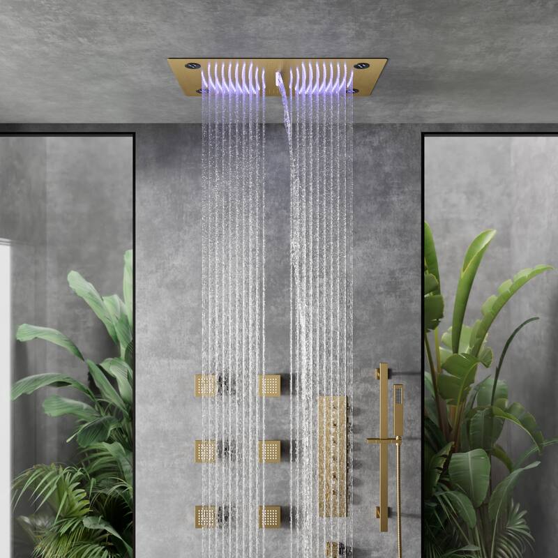 Thermostatic Shower System, 64-Color LED Mood Lighting 3-Functions Shower Head with Bluetooth Music & 6 Body Jets