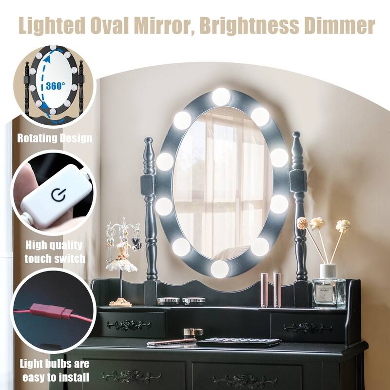Costway Vanity Table Table 10 Dimmable Bulbs Black White Brown