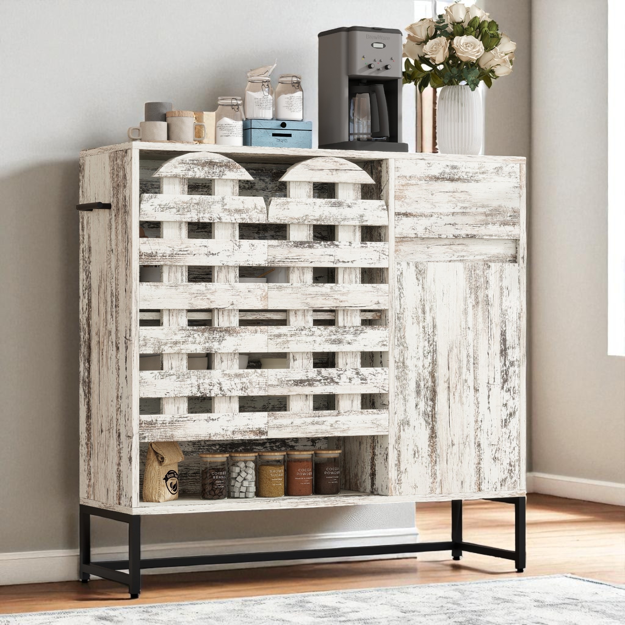 Rustic 44" Coffee Bar Cabinet with Storage, Farmhouse Buffet Console Table with Drawer and Arched Metal Lattice Doors
