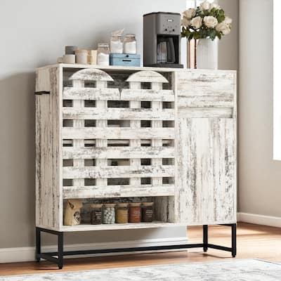 Rustic 44" Coffee Bar Cabinet with Storage, Farmhouse Buffet Console Table with Drawer and Arched Metal Lattice Doors