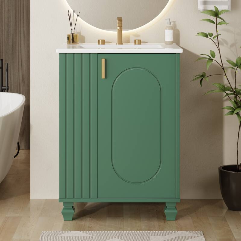 24" Compact Bathroom Vanity with Sink - Single Door Cabinet with Adjustable Shelf & Side Open Storage - Solid Wood Frame