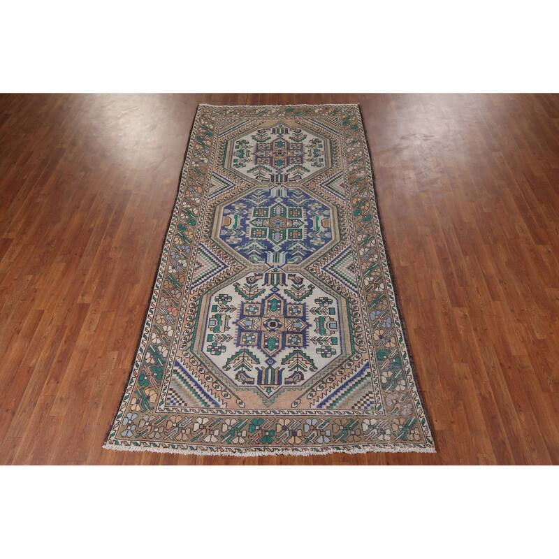 Beige Geometric Bakhtiari Vintage Persian Rug Handmade Wool Carpet - 4'10" x 9'9"