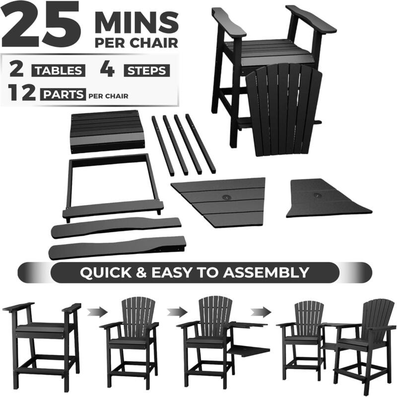 2-Pack Adirondack Bar Stools High-Back Outdoor Patio Chairs with Cup Holder Tray