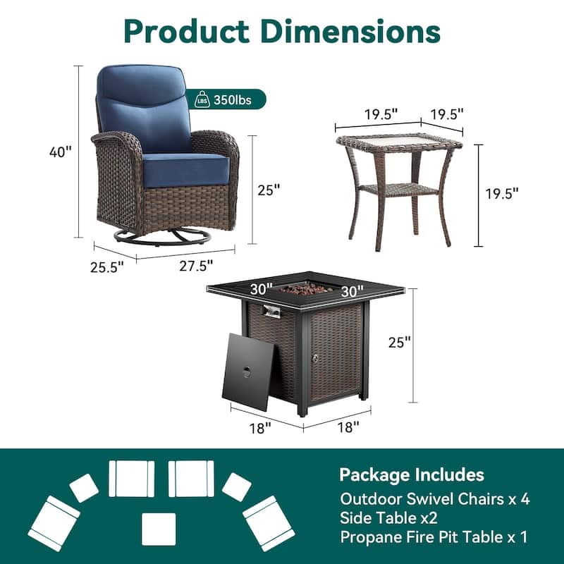 Pocassy Outdoor Sofa Swivel Chair and Ottman with Fire Pit Table