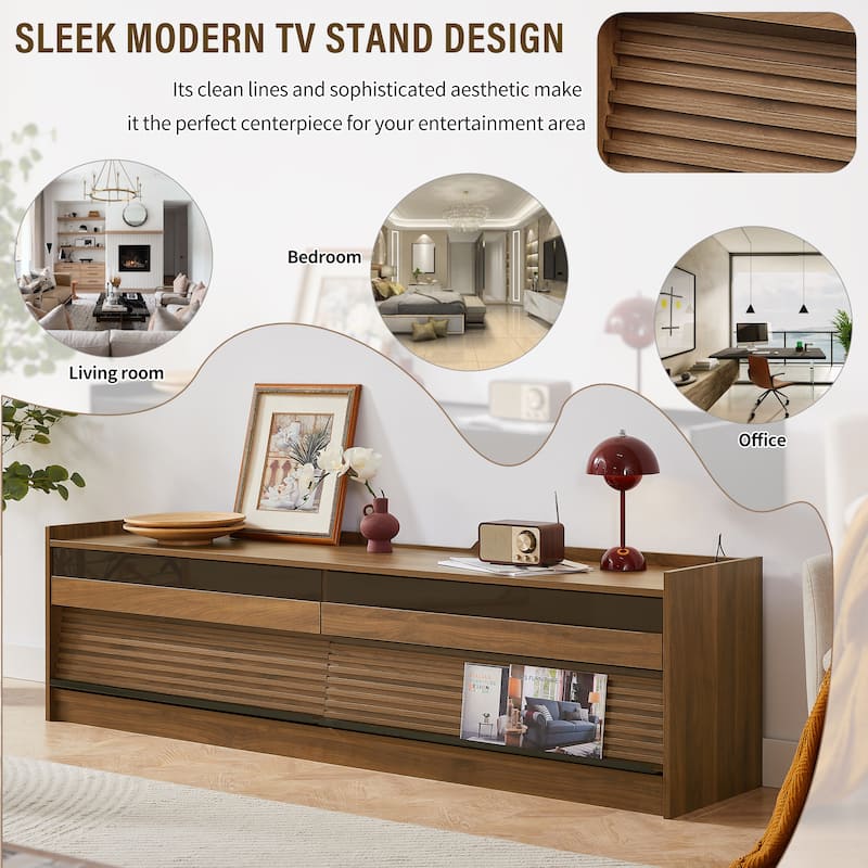 Roomfitters Modern TV Stand with 4 Drawers, Tempered Glass, Charging Ports and Ambient Lighting, Ample Storage