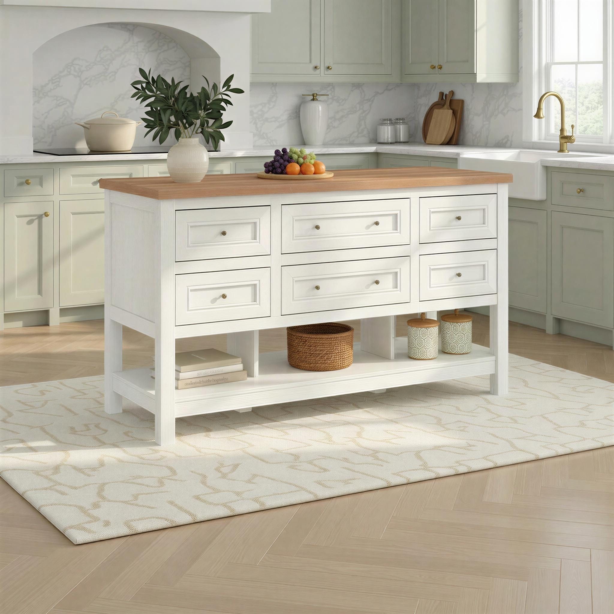 Walker Edison Modern Free-Standing Kitchen Island with 6 Drawers, White
