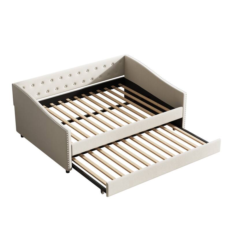 Linen Tufted Daybed with Trundle, Upholstered Platform Sofa Bed Frame, Wooden Slat Support