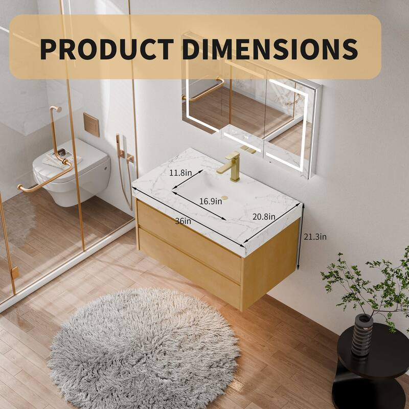 Modland 36" Floating Modern Bathroom Vanity with Single Sink,Maple Wood Wall Mounted Vanity with Marble Countertop - 36 Inch
