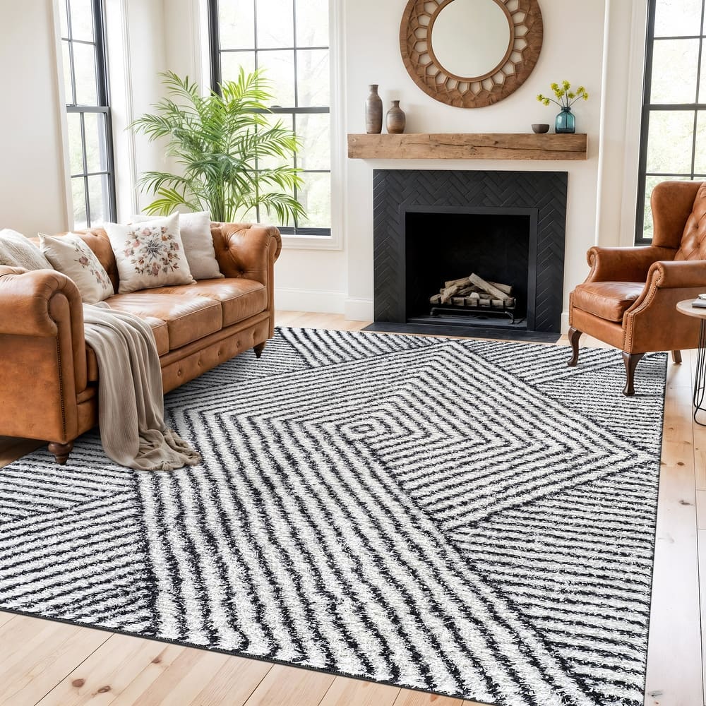 World Rug Gallery Minimal Stripe Geometric Shag Area Rug
