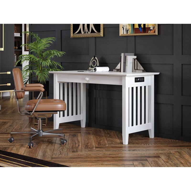 Mission Writing Desk with Drawer and Built In USB Charger in White