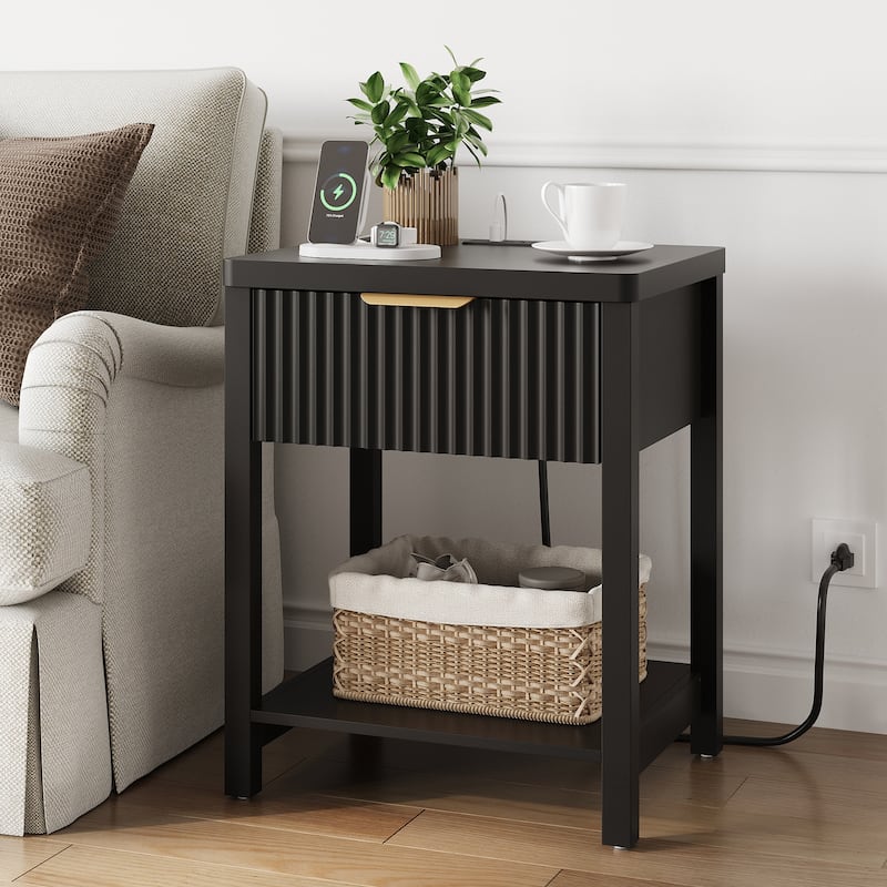 Nightstand with Drawers Fluted Bedside Table with Charging Station - Black