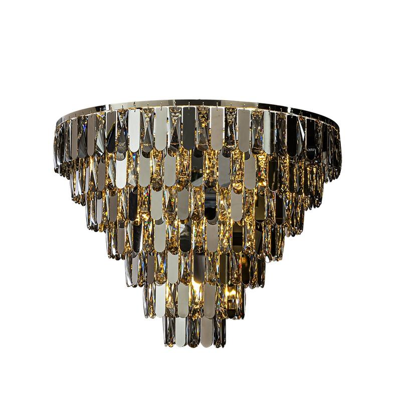 Dimmable Smoked Crystal Flush Mount Ceiling Light Round with Polished Nickel Finish and Stainless Steel Accents for Dining Room - W28''