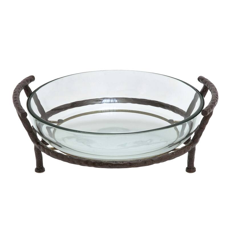 Clear Tempered Glass Kitchen Serving Bowl with Brown Metal Base